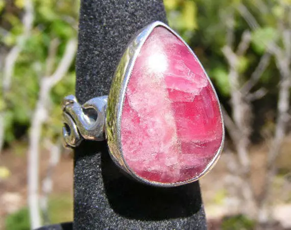 Rhodonite Ring, Deep Cryatalline Pink, Intense Contrast, Aa Quality, Size 8, Unusual Ring Band, Sterling Silver