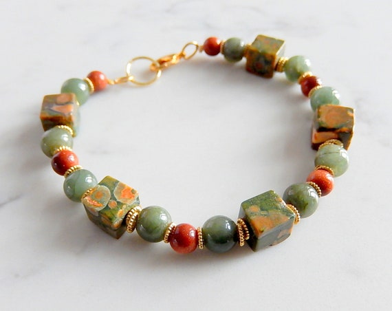 Rhyolite Bracelet, Rainforest Jasper, Green Stone Bracelet