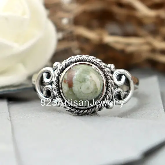 Round Gemstone Ring, Natural Rainforest Jasper Ring, Artisan Ring Jewelry , Women Gift Ring , 92.5 Sterling Ring, Solid Silver Ring, Jewelry