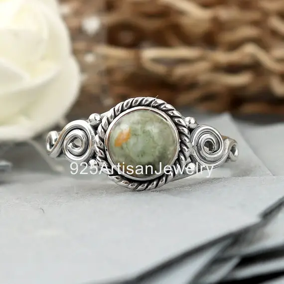 Round Gemstone Ring, Natural Rainforest Jasper Ring, Women Gift Ring , 92.5 Sterling Ring, Solid Silver Ring, Statement Ring, Organic Ring