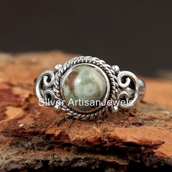 Round Rainforest Jasper Ring, Handmade Silver Ring, Natural Gemstone Ring, 925 Sterling Ring, Solid Ring, Unisex Ring , Rainforest Jasper