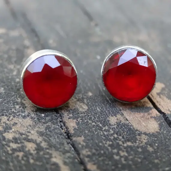 10mm 925 Silver Ruby Stud Earrings, Sterling Silver Round Natural Red Ruby Studs, 925 Silver Natural Raw Ruby Earrings, Dianty Studs