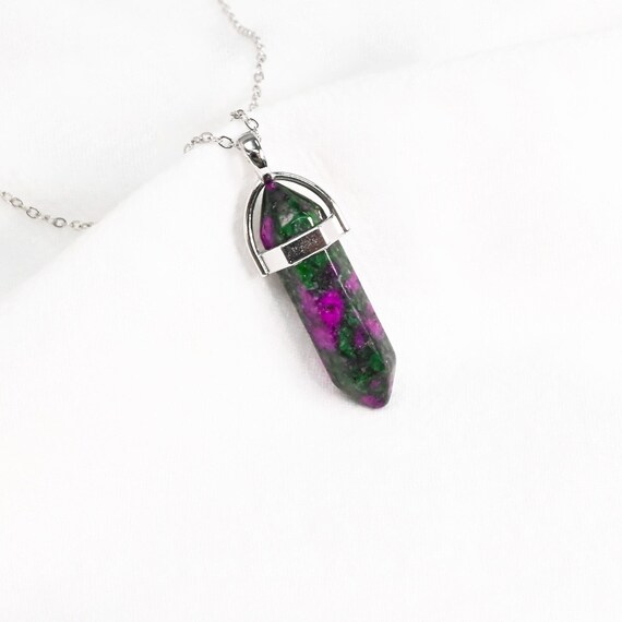 Ruby Zoisite Crystal Point Pendant Silver Necklace - Ruby Zoisite Pillar Necklace -  Ruby Zoisite Necklace - Crystal Silver Necklace