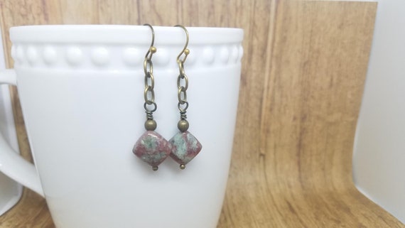 Ruby Zoisite Earrings With Antique Brass Hooks, Green And Pink Stone Diamond Shape And Chain Dangle Earrings, Nickel Free