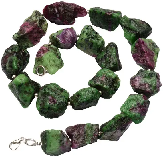 Ruby Zoisite Necklace 19 Inches, Genuine Gemstone, Rough Unpolished Nuggets, Huge Size 17 To 20mm Broad And 22 To 32mm Long Beads