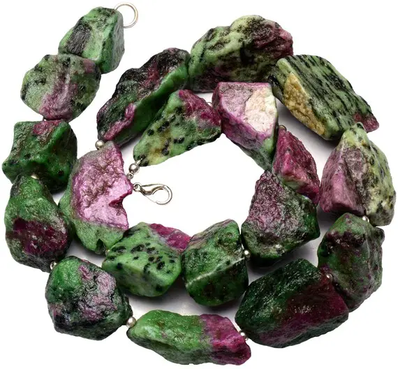 Ruby Zoisite Necklace 19 Inches, Genuine Gemstone, Rough Unpolished Nuggets, Huge Size 16 To 20mm Broad And 26 To 29mm Long Beads