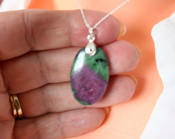Ruby Zoisite Necklace, Gift For Wife, Anyolite Necklace, 925 Sterling Silver Ruby In Zoisit Pendant, Gemstone Crystal Necklace