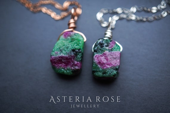Ruby Zoisite Necklace • July Birthstone Necklace • Raw Stone Jewelry • Raw Crystal Necklace • Aries Aquarius Zodiac Necklace