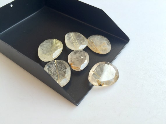 6 Pieces 14mm To 18mm Each Gold Rutilated Quartz Faceted Rose Cut Loose Cabochons Rs50