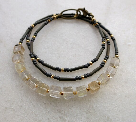 Dainty Rutilated Quartz Necklace, Dainty Modern Quartz Cube Necklace With Gold Accents