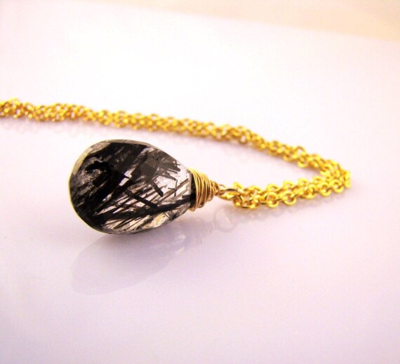 Black Rutilated Quartz Pendant Gold Necklace, Rutile Drop Pendant. Angel Hair Stone.  Wite Wraped. 12 To 20 Inches Chain