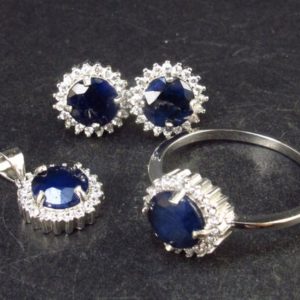 Shop Sapphire Pendants! Natural Faceted Round Dark Blue Sapphire 925 Sterling Silver Jewelry Set Ring Stud Earring Pendant with CZ – 6.9 Grams | Natural genuine Sapphire pendants. Buy crystal jewelry, handmade handcrafted artisan jewelry for women.  Unique handmade gift ideas. #jewelry #beadedpendants #beadedjewelry #gift #shopping #handmadejewelry #fashion #style #product #pendants #affiliate #ad
