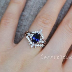Three Ring Set Sapphire Ring Set/Oval Blue Sapphire Engagement Ring Set/Sapphire Ring for Women/Blue Gemstone Anniversary Ring Gift for Her | Natural genuine Array rings, simple unique alternative gemstone engagement rings. #rings #jewelry #bridal #wedding #jewelryaccessories #engagementrings #weddingideas #affiliate #ad