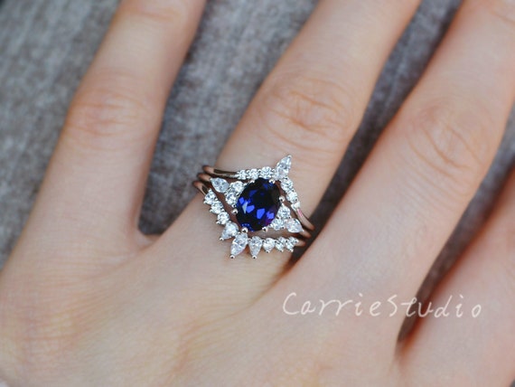 Three Ring Set Sapphire Ring Set/oval Blue Sapphire Engagement Ring Set/sapphire Ring For Women/blue Gemstone Anniversary Ring Gift For Her
