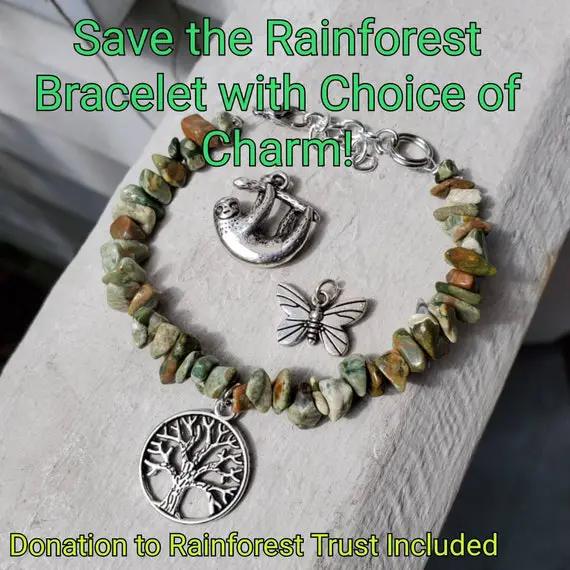 Save The Rainforest Bracelet With Choice Of Charm And Rainforest Jasper, Includes Donation To The Rainforest Trust