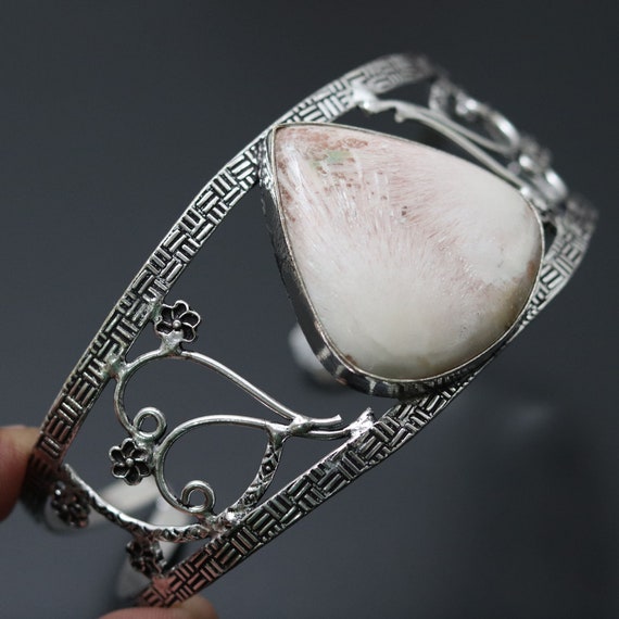 Scolecite Gemstone Bangle Jewelry Unique Style Adjustable Bangle Jewelry Gift For Her Sterling Silver Plated Bangle Jewelry
