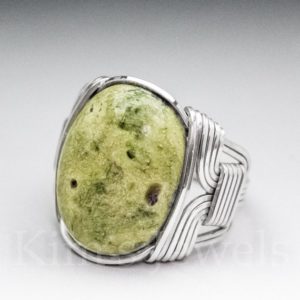 Shop Serpentine Rings! Atlantisite Serpentine Sterling Silver Wire Wrapped Gemstone Cabochon Ring – Optional Oxidation / antiquing – Made To Order, Ships Fast! | Natural genuine Serpentine rings, simple unique handcrafted gemstone rings. #rings #jewelry #shopping #gift #handmade #fashion #style #affiliate #ad
