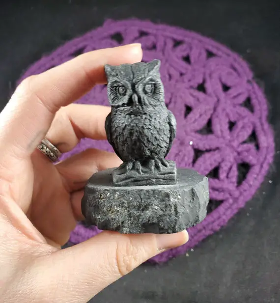 Composite Shungite Owl On Natural Base Emf Protection Healing Stones Carved Bird Spirit Animal Totem Crystals Wisdom Russia Carving