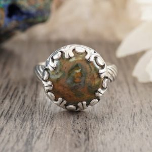 Shop Rainforest Jasper Rings! Size 7 Rainforest Rhyolite Sterling Silver Ring – Rainforest Jasper Rings – Unique Jewelry Gifts | Natural genuine Rainforest Jasper rings, simple unique handcrafted gemstone rings. #rings #jewelry #shopping #gift #handmade #fashion #style #affiliate #ad