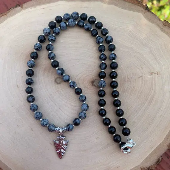 Snowflake Obsidian Beaded Necklace, Snowflake Obsidian Necklace, Snowflake Obsidian Jewelry, Arrowhead Necklace, Mens Gemstone Necklace