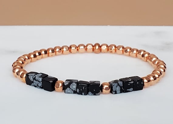 Solid Copper Bracelet, Snowflake Obsidian Cube Bead Bracelet, Black Bead Bracelet, Gemstone Beaded Bracelet, Unisex, Elegant Birthday Gift