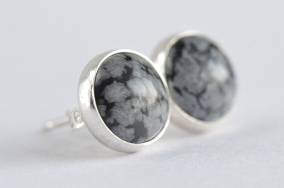 Snowflake Obsidian 8mm Sterling Silver Stud Earrings Pair