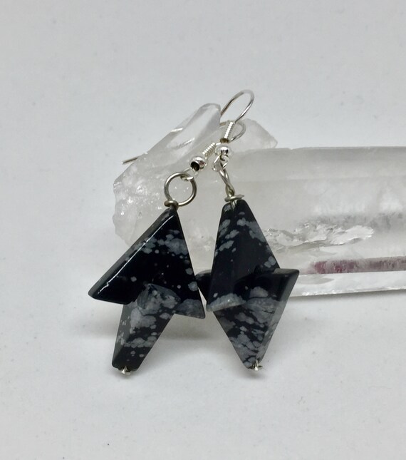 Snowflake Obsidian Earrings, Black & White Stone Geometric Jewelry, Unusual Gemstone Earrings