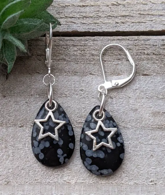 Snowflake Obsidian Earrings, Star Earrings, Gemstone Earrings, Witchy Earrings, Festival Jewelry, Black Earrings, Boho Earrings