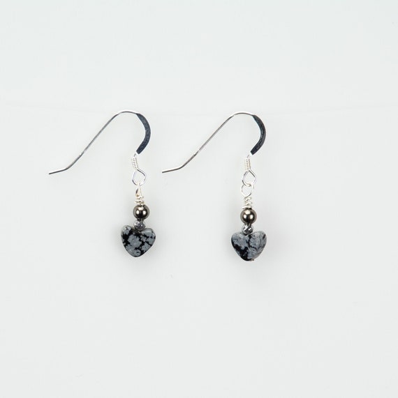 Snowflake Obsidian Earrings - Tiny Heart Earrings With Sterling Silver French Wires - Reiki Infused