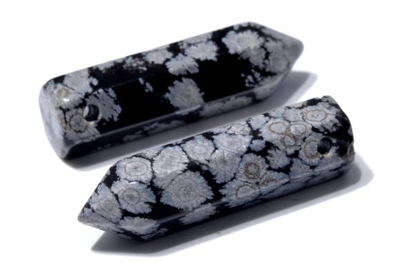 2 Pcs - 30x8mm Snowflake Obsidian Beads Healing Hexagonal Pointed Grade Aaa Genuine Natural Gemstone Loose Beads (103320)