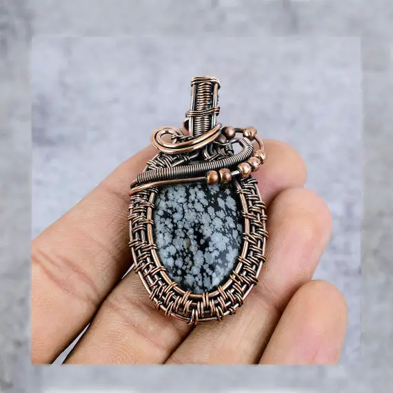 Snowflake Obsidian Copper Pendant Copper Wire Wrapped Pendant Obsidian Gemstone Pendant Coper Jewelry Designer Obsidian Pendant Gift For Her