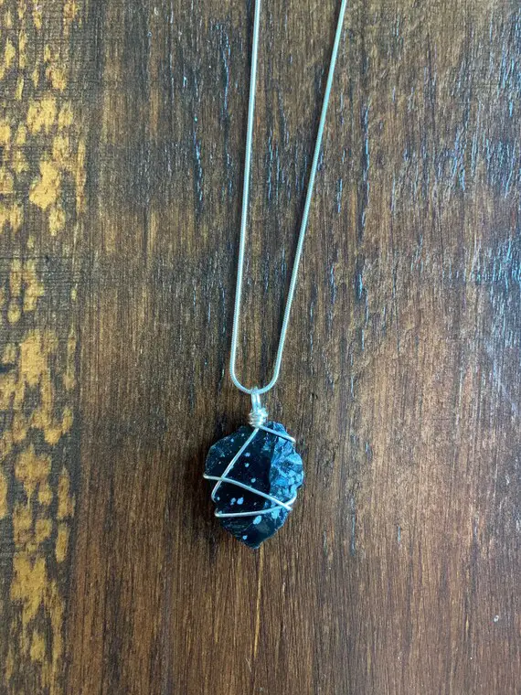 Snowflake Obsidian Pendant With Silver Wrapping And Silver Chain