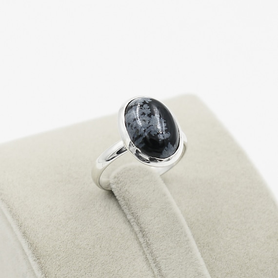 Snowflake Obsidian Ring, 925 Sterling Silver, Snowflake Obsidian Ring, 10x14 Mm Oval Gemstone Ring, Silver Ring, Womens Ring, Bezel Ring