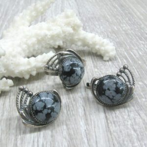 Shop Snowflake Obsidian Rings! Snowflake Obsidian ring and earrings set size 10 ring for woman round earrings Black gray white gemstone protective jewelry | Natural genuine Snowflake Obsidian rings, simple unique handcrafted gemstone rings. #rings #jewelry #shopping #gift #handmade #fashion #style #affiliate #ad