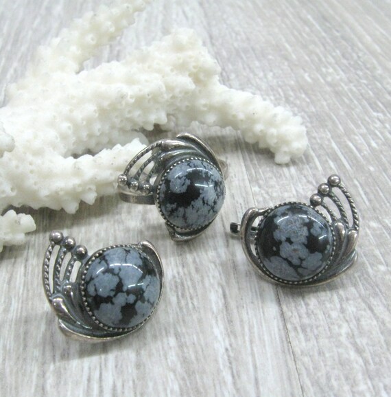 Snowflake Obsidian Ring And Earrings Set Size 10 Ring For Woman Round Earrings Black Gray White Gemstone Protective Jewelry