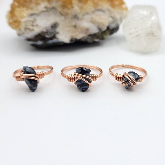Snowflake Obsidian Ring, Copper Wire Wrapped Ring