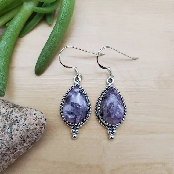 Socute925 Big Teardrop Charoite Dangle Earrings | Big Charoite Earrings | Sterling Silver Dangle Earrings | Purple Southwestern Earrings