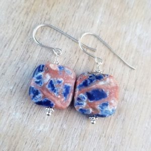 Shop Sodalite Earrings! Orange Sodalite Gemstone Earrings Sterling Silver, Sunset Sodalite, Blue and Orange Gemstone Earrings, Square Gemstone Dangle Earrings | Natural genuine Sodalite earrings. Buy crystal jewelry, handmade handcrafted artisan jewelry for women.  Unique handmade gift ideas. #jewelry #beadedearrings #beadedjewelry #gift #shopping #handmadejewelry #fashion #style #product #earrings #affiliate #ad