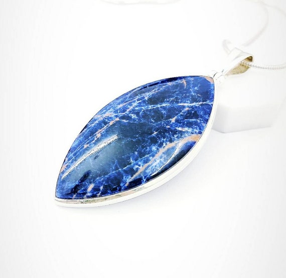 Natural Sodalite Pendant, 925 Sterling Silver, Blue Stone, Mother's Gift, Women's Day Present, Anniversary Gift. Free Shipping.