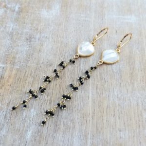 Shop Spinel Earrings! Mother of Pearl Earrings, Black Spinel Earrings, Long Dainty Earrings, 3 1/2 Inch Earrings, Waterfall Earrings, Cascade Earrings | Natural genuine Spinel earrings. Buy crystal jewelry, handmade handcrafted artisan jewelry for women.  Unique handmade gift ideas. #jewelry #beadedearrings #beadedjewelry #gift #shopping #handmadejewelry #fashion #style #product #earrings #affiliate #ad