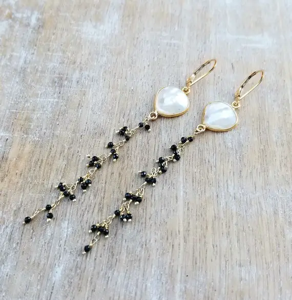 Mother Of Pearl Earrings, Black Spinel Earrings, Long Dainty Earrings, 3 1/2 Inch Earrings, Waterfall Earrings, Cascade Earrings