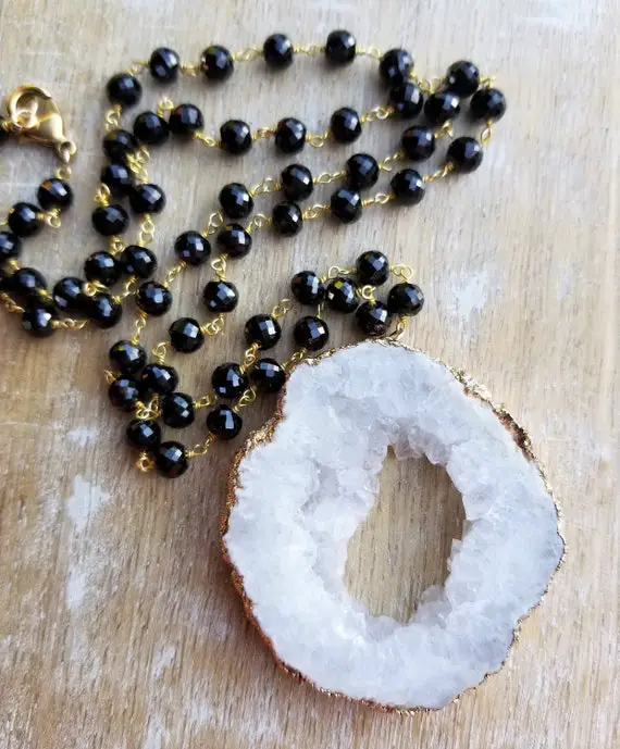 Black Spinel Beaded Necklace Gold, White Druzy Pendant Necklace, Black And White Gemstone Necklace, Statement Necklace, 24 Inch Necklace
