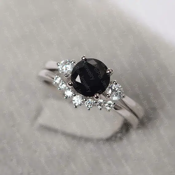 Black Spinel Engagement Ring Sterling Silver Round Cut Stone Bridal Set Ring