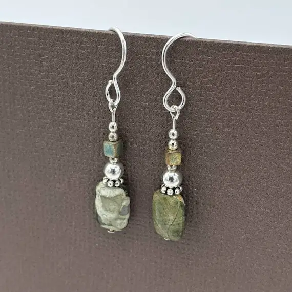 Sterling Silver Rhyolite Earrings, Rainforest Jasper Dangle Earrings, Small Pale Green Earrings