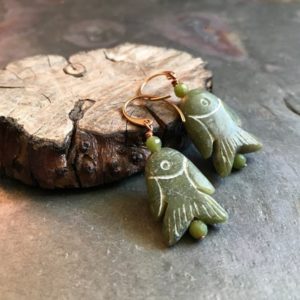 Stone Fish Earrings | Natural Serpentine Jewelry | Simple Olive Green Dangle Earrings with Pure Copper and Bronze Ear Wires | Natural genuine Serpentine earrings. Buy crystal jewelry, handmade handcrafted artisan jewelry for women.  Unique handmade gift ideas. #jewelry #beadedearrings #beadedjewelry #gift #shopping #handmadejewelry #fashion #style #product #earrings #affiliate #ad