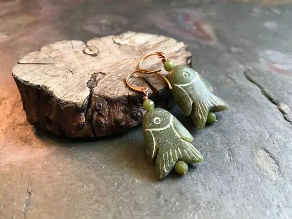 Stone Fish Earrings | Natural Serpentine Jewelry | Simple Olive Green Dangle Earrings With Pure Copper And Bronze Ear Wires