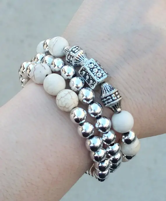 White And Silver Stretch Bracelets, Jewelry For Women, Gifts For Her, Ready To Ship