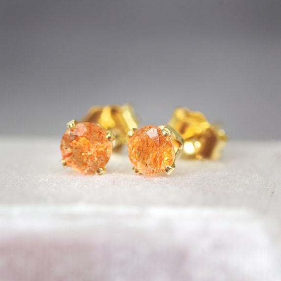 Sunstone Earrings - Gemstone Stud Earrings - Orange Earrings - Sunstone Stud Earrings - Sunstone Jewelry - Earrings For Good Luck And Travel