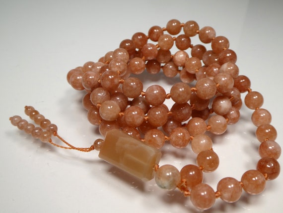 Sunstone A Hand-knotted Mala (108 And Guru), Necklace With 8-mm Beads And A Beaded Tassel 1408
