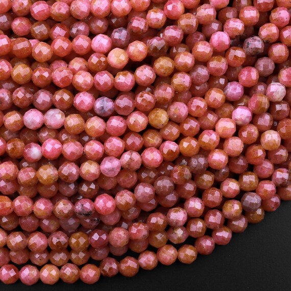 Aa Micro Faceted Natural Pink Red Thulite 3mm 4mm Round Beads Diamond Cut Gemstone From Norway 15.5" Strand